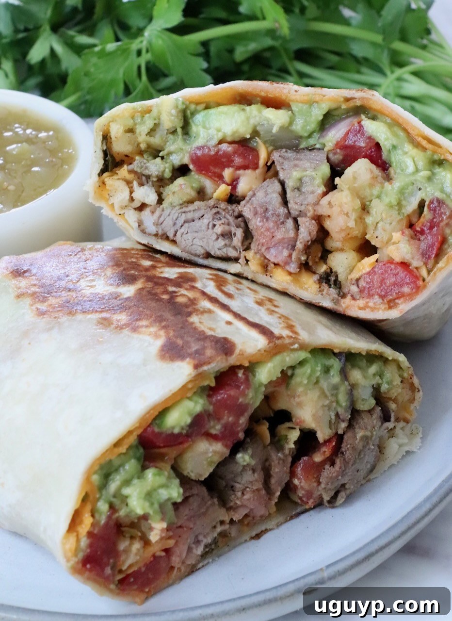 Classic California Burrito Recipe with Carne Asada & Fries 2 California burrito with carne asada and french fries cut in half and stacked up on a plate with a small bowl of salsa and fresh cilantro in the background