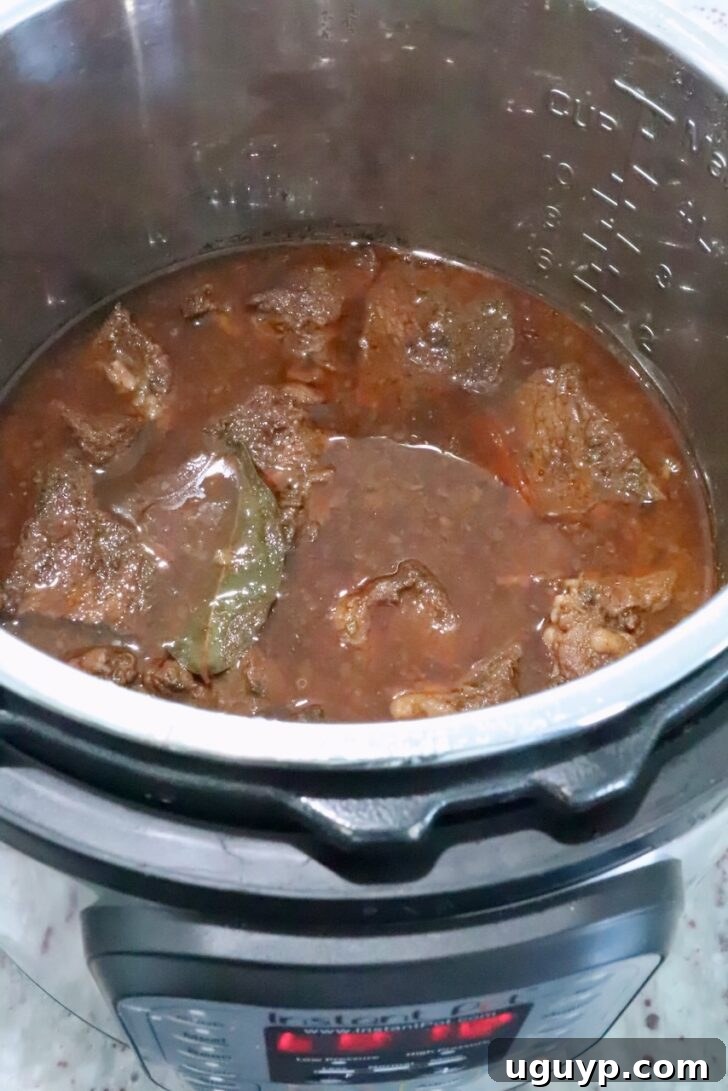 Instant Pot Beef Barbacoa - Tender Shredded Mexican Beef 9 cooked beef in broth in an Instant Pot