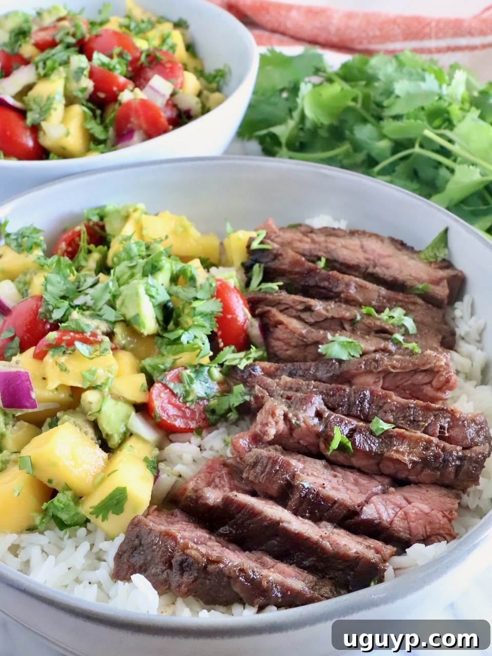 sliced jerk steak in a bowl with rice and mango avocado salsa