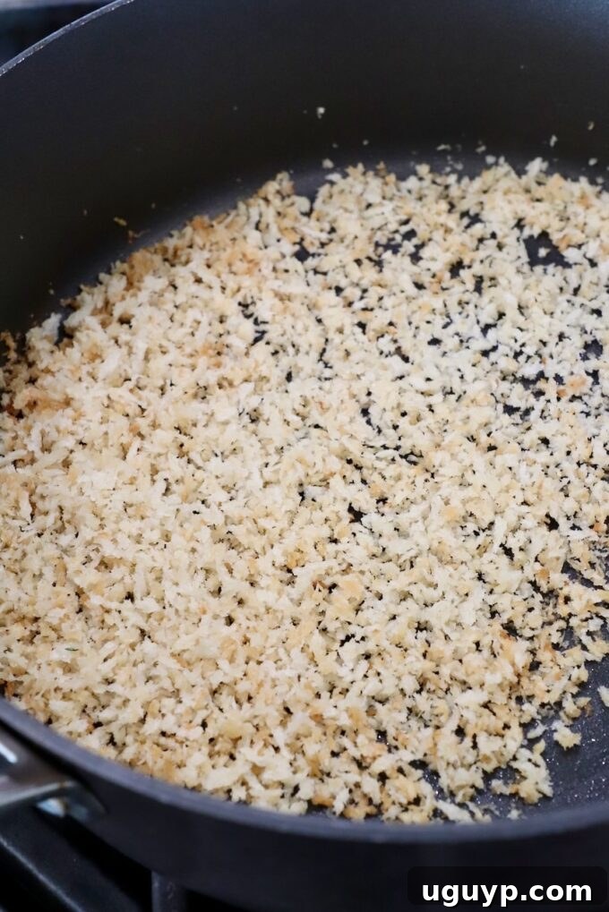 toasted breadcrumbs in skillet on stove