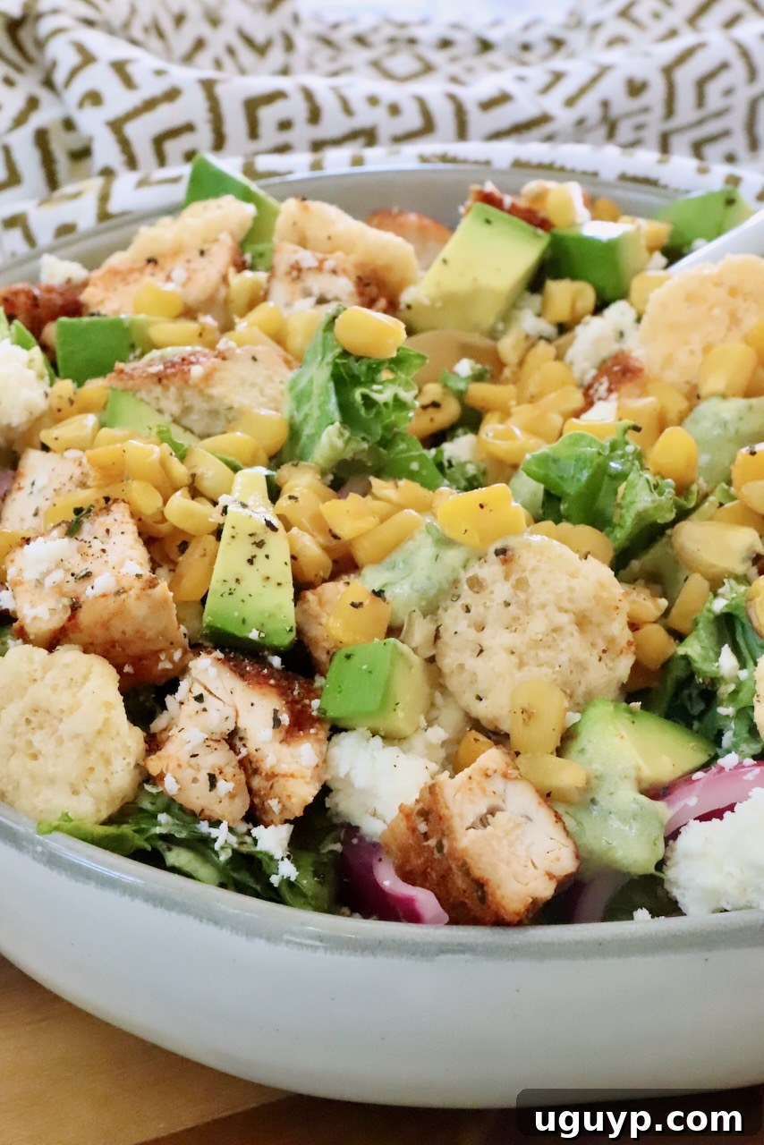 chicken taco salad in a bowl topped with cheese crisps and diced avocado