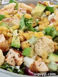 taco salad topped with diced chicken, avocado, corn, and cheese crisps
