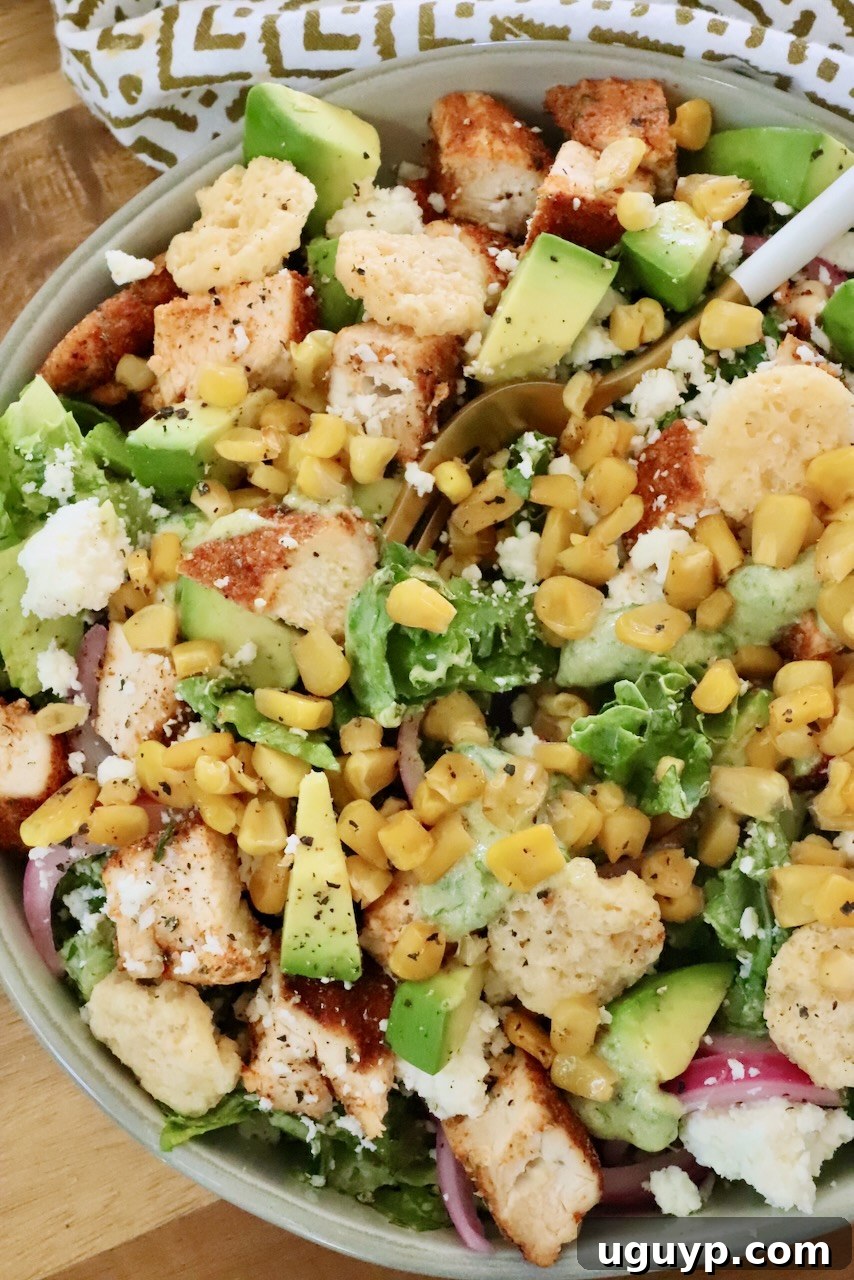 chicken taco salad in a bowl topped with cilantro, diced avocado, and cheese crisps