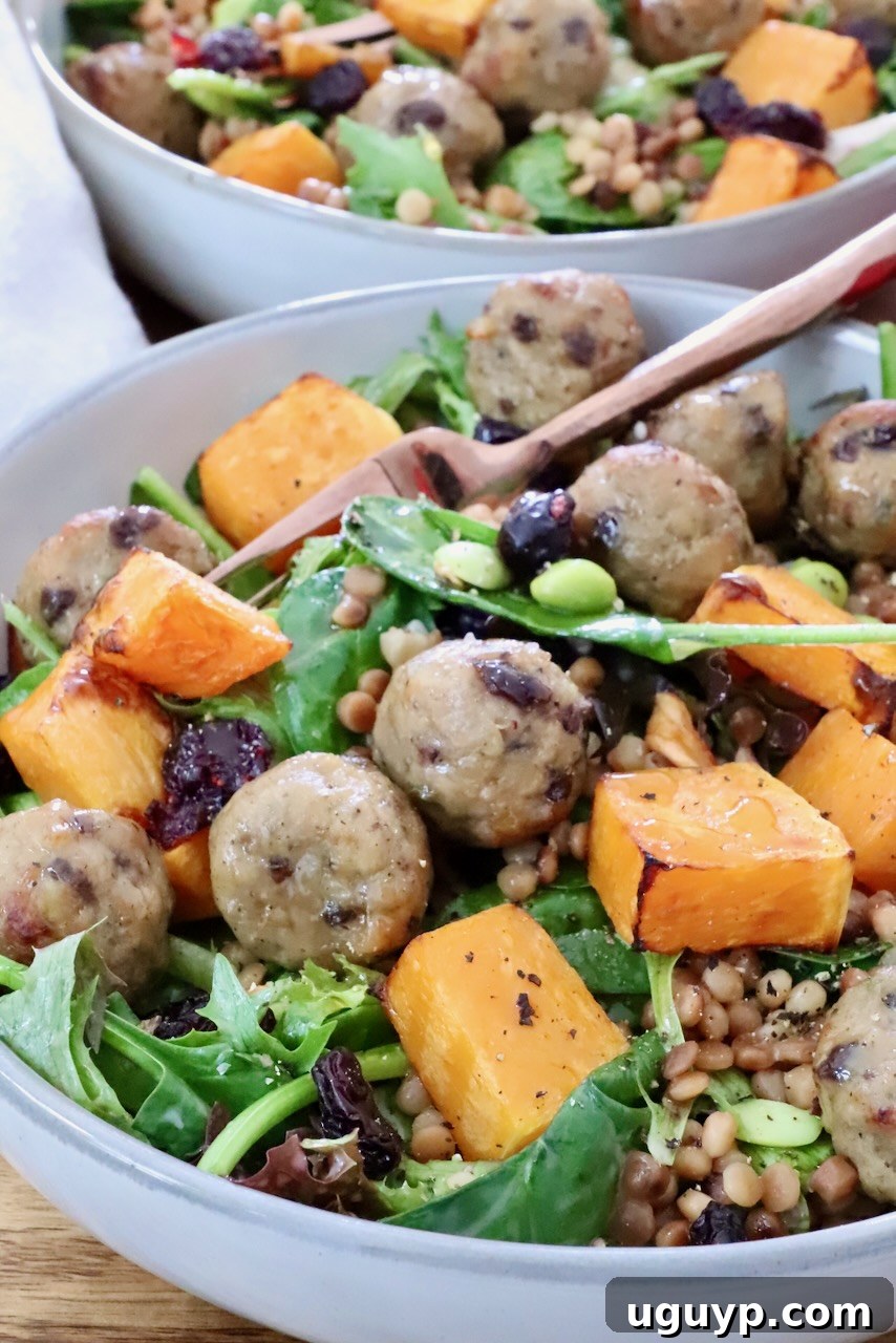 salad in a bowl topped with cubes of butternut squash, meatballs and couscous