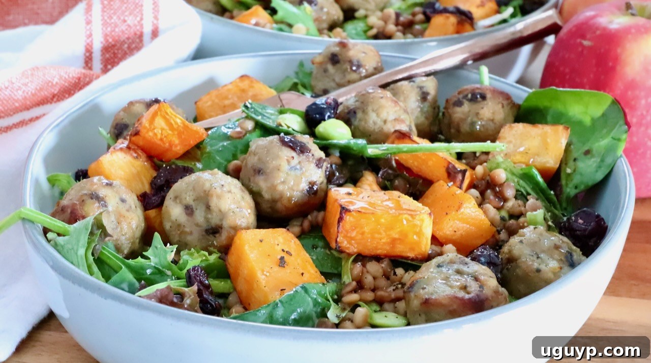 bowl filled with spinach, butternut squash, meatballs and couscous